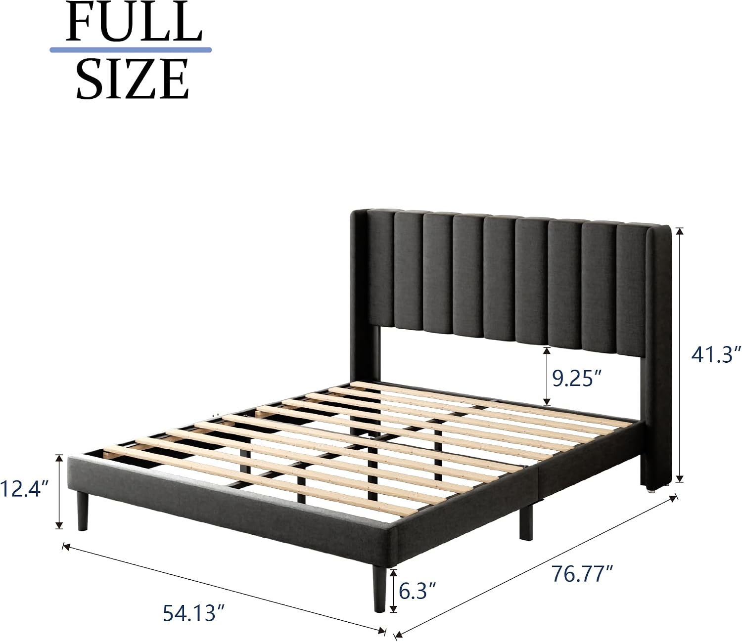 Gruwans Full Size Bed Frame with Upholstered Wingback Headboard, Easy Assemnly Platform Bed, Wooden Slat Support No Box Spring Needed, Dark Gray