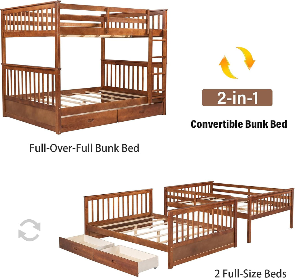 Merax Full Over Full Size Wood Bunk Bed with Drawers,Convertible Bunk Bed with Ladders and Two Storage Drawers,Solid Wood Detachable Bed Frame with Ladders, Walnut