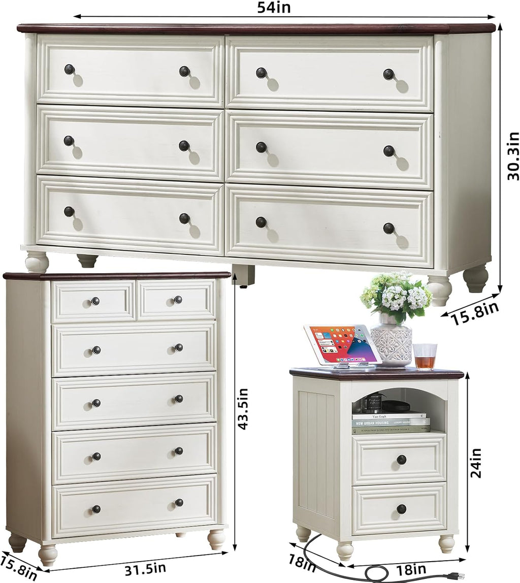 Farmhouse Dressers & Night Stand Set of 4, Wood 54' Wide Dresser & 43.5'Tall Chest of Drawers, 18' with Charging Station Nightstand Set of 2, Bedroom Furniture Dresser Set for Home Living Room Hallway