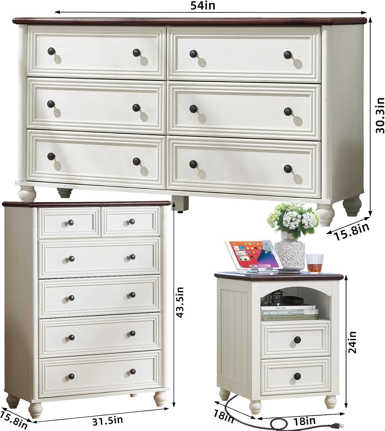 Farmhouse Dressers & Night Stand Set of 4, Wood 54' Wide Dresser & 43.5'Tall Chest of Drawers, 18' with Charging Station Nightstand Set of 2, Bedroom Furniture Dresser Set for Home Living Room Hallway