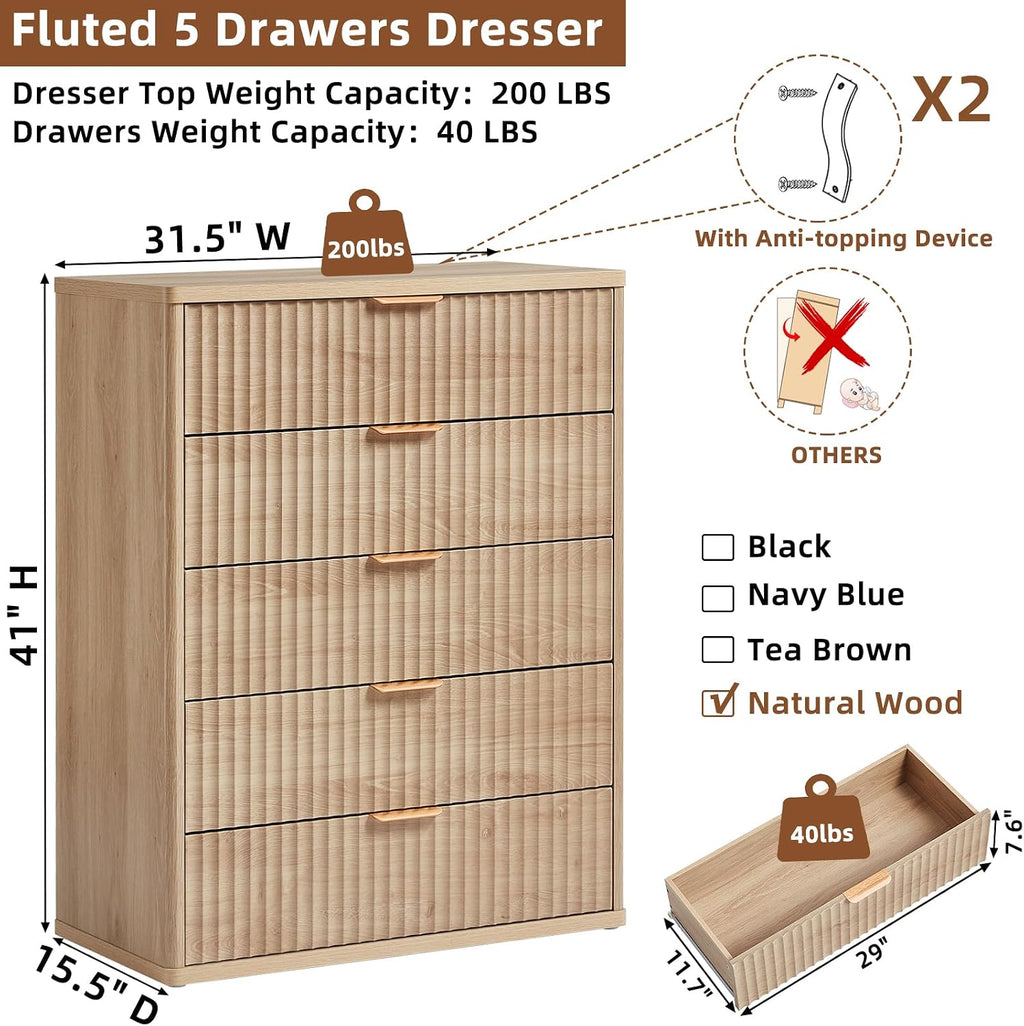 LEYAOYAO Fluted 5 Drawers Dresser for Bedroom, 41' Tall Modern Chest of Drawers with Metal Handle, Curved Profile Farmhouse Closet Organizer Wood Dressers TV Stand for Living Room, Natural