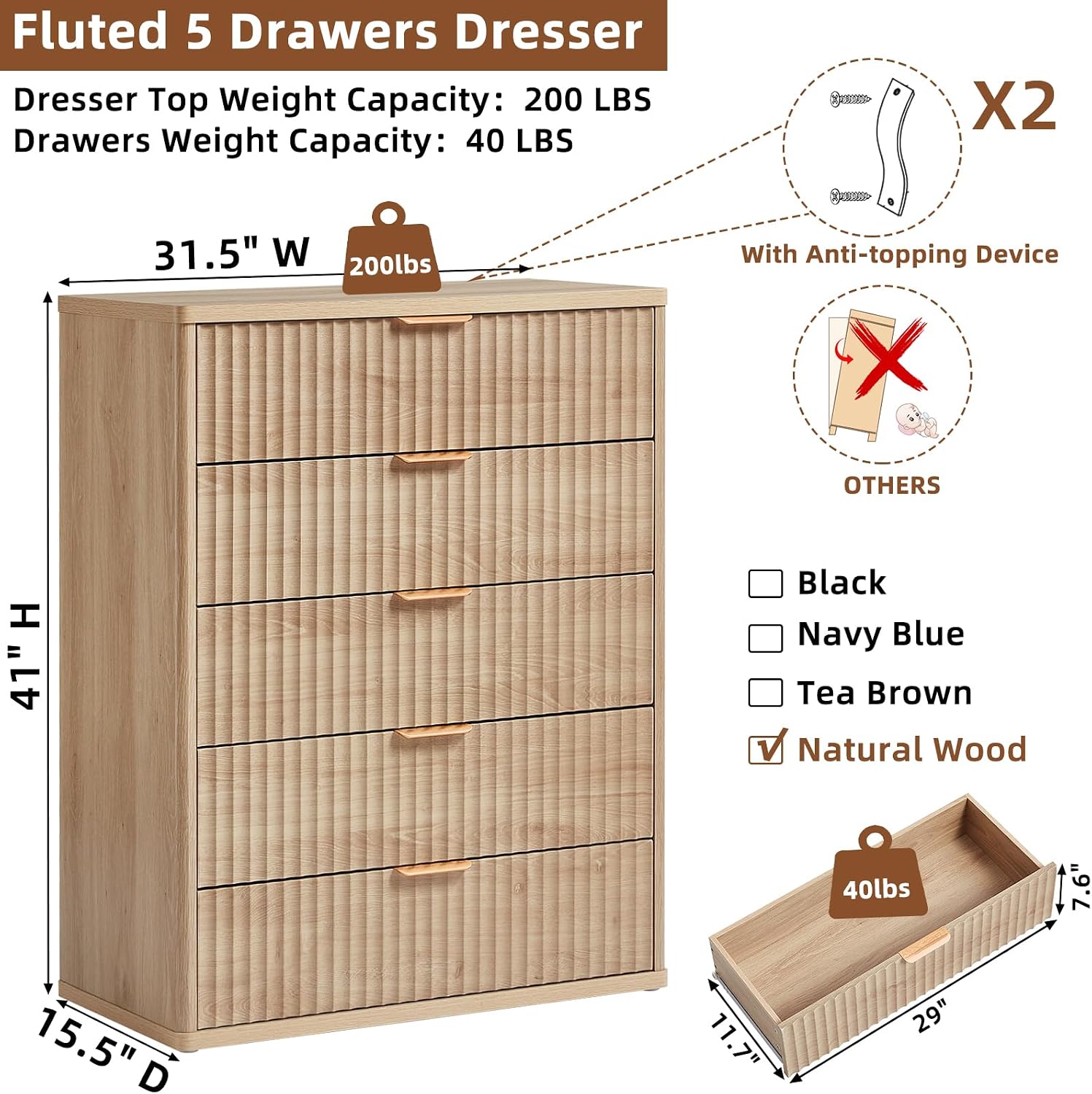 LEYAOYAO Fluted 5 Drawers Dresser for Bedroom, 41' Tall Modern Chest of Drawers with Metal Handle, Curved Profile Farmhouse Closet Organizer Wood Dressers TV Stand for Living Room, Natural