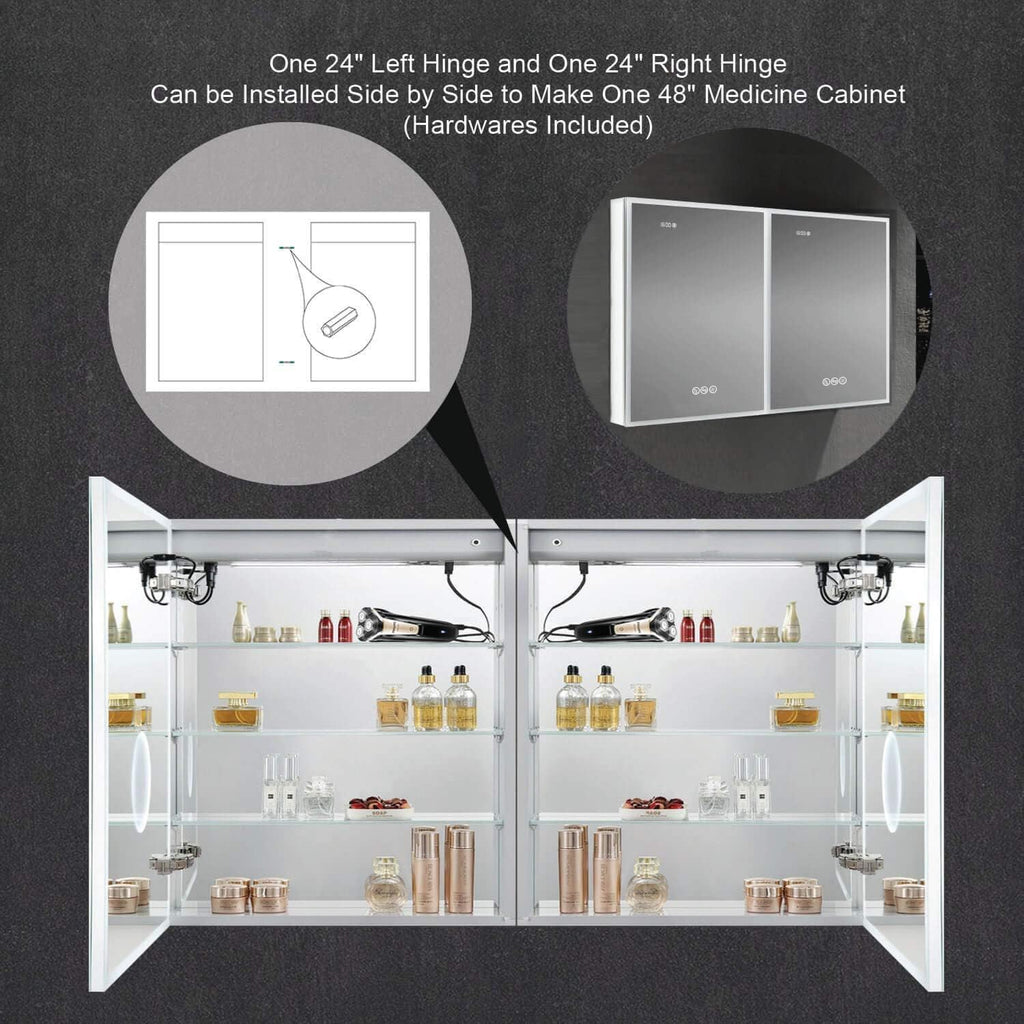 Blossom LED Lighted Mirror Medicine Cabinet, 24x32 Inch, Right Hinge, Recessed/Surface Bathroom LED Medicine Cabinet with Mirror, Defogger, Adjustable Brightness, 3X Makeup Mirror, Outlets & USB Ports