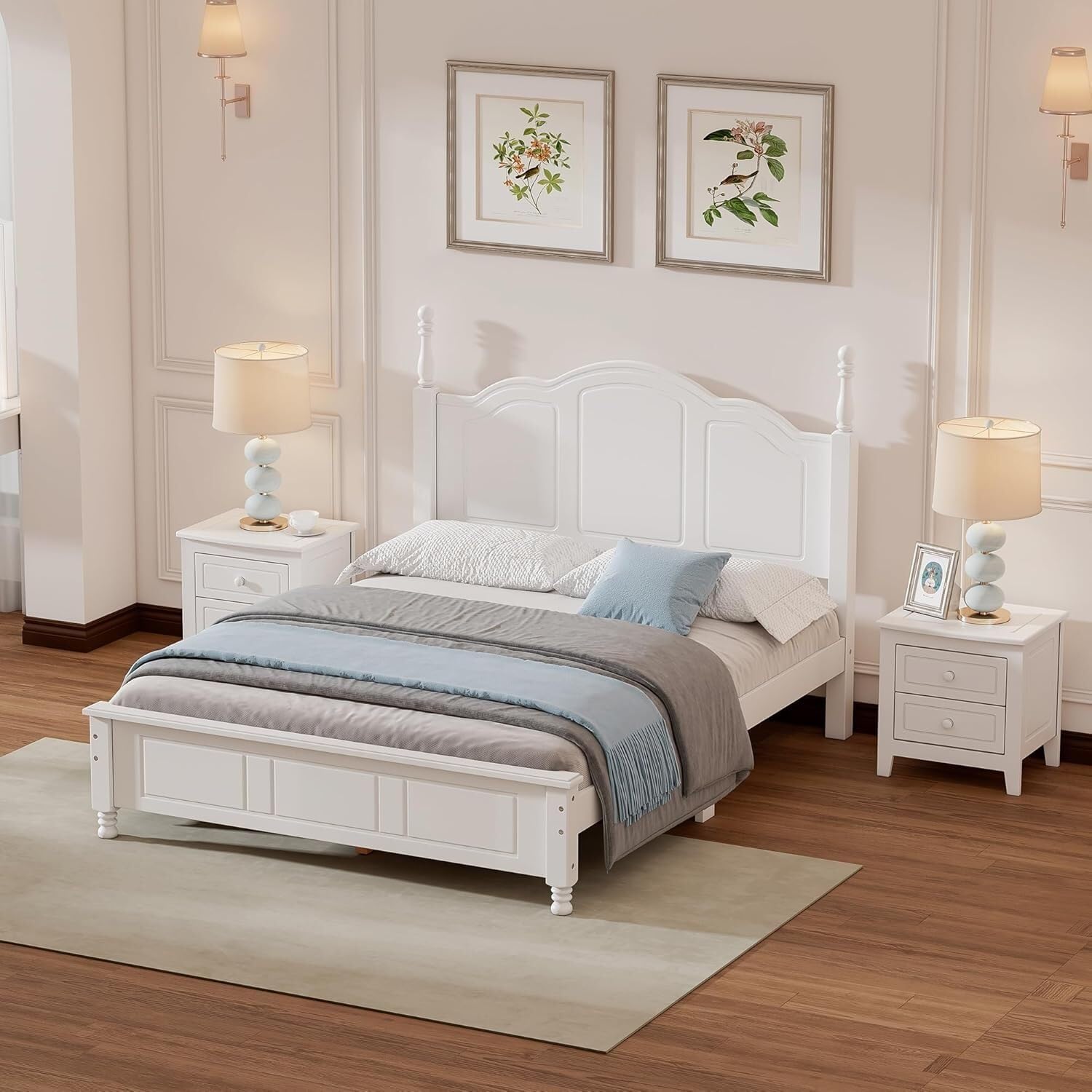 A Three-Piece Furniture Set, A Sturdy Wooden Bed with A Bedside Table, Suitable for A Family Setting(White(Full))