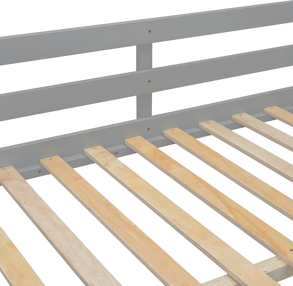 Merax Full Over Full Bunk Bed with 4 Storage Drawers and 3 Shelves, Wooden Floor Bunk Bedframe with Guardrail & Ladders, No Box Spring Needed, Easy Assembly