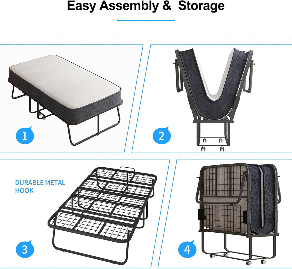 PUREMIND Folding Bed with Mattress for Adults, 75' x 31' Portable Rollaway Guest Beds with 4' Memory Foam Mattress & Metal Frame, Twin Size Foldable Bed Fold Away Beds Space Saving for Guest