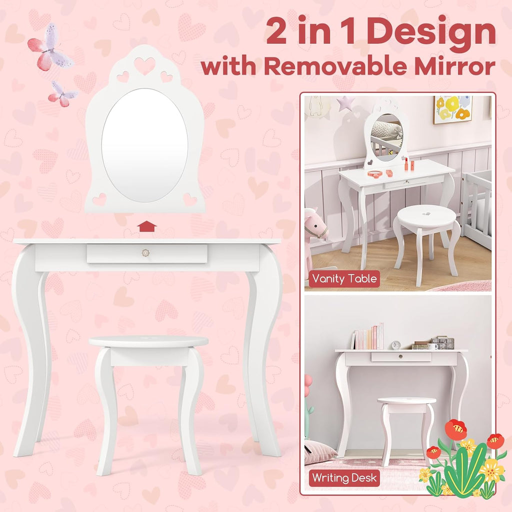 HONEY JOY 4 Piece Kids Vanity Set & Jewelry Armoire Cabinet, Snowflake Wooden Makeup Table & Chair Set, Dress Up Jewelry Organizer w/Full-Length Mirror, Kids Bedroom Furniture for Playroom (Pink)