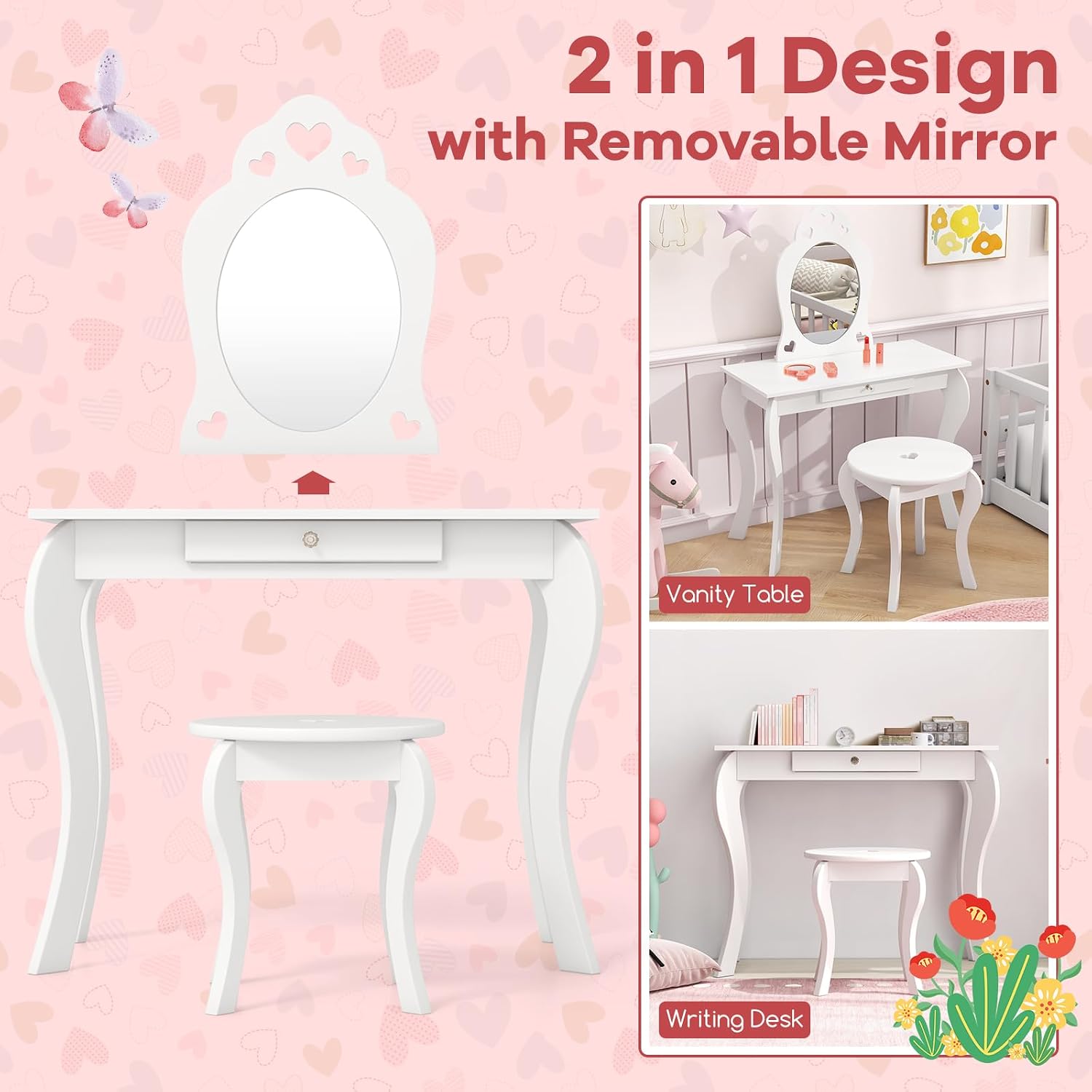 HONEY JOY 4 Piece Kids Vanity Set & Jewelry Armoire Cabinet, Snowflake Wooden Makeup Table & Chair Set, Dress Up Jewelry Organizer w/Full-Length Mirror, Kids Bedroom Furniture for Playroom (Pink)