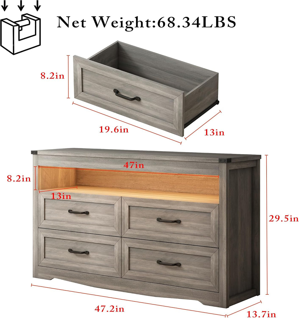 Wodeer Grey Dresser for Bedroom, Wooden 4 Drawer Dresser with LED Light, Dressers & Chests of Drawers with Metal Handles, Storage and Organization for Bedroom, Hallway, Entryway, Gray