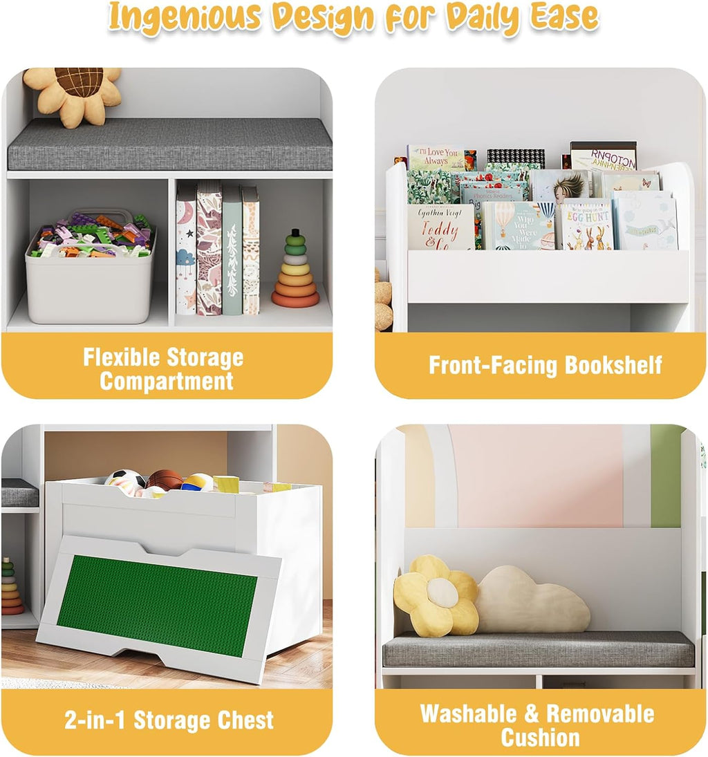 68.9' W Kids Reading Nook, Toy Storage Box with Removable Building Baseplate Play Lid for Lego, Wooden Bookshelf with Stuffed Animal Storage, Bench and Removable Cushions for Playroom(White)