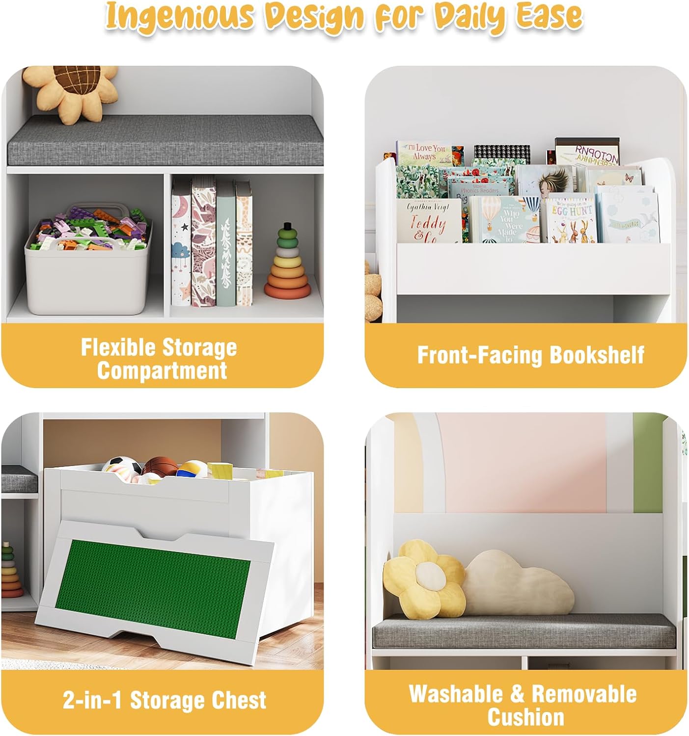 68.9' W Kids Reading Nook, Toy Storage Box with Removable Building Baseplate Play Lid for Lego, Wooden Bookshelf with Stuffed Animal Storage, Bench and Removable Cushions for Playroom(White)