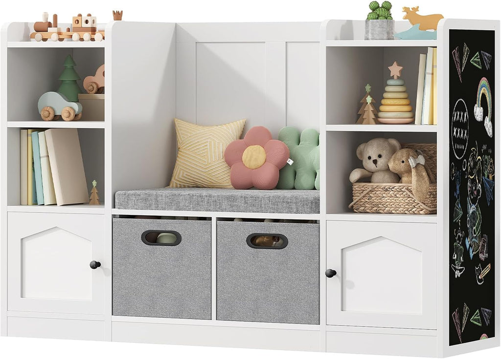Toy Organizer and Storage, Kids Bookshelf with Seat Cushion and Chalkboard, 2 Movable Drawers, Toy Storage Box with Stuffed Animal Storage Cabinet for Kids Room, Playroom, White and Black