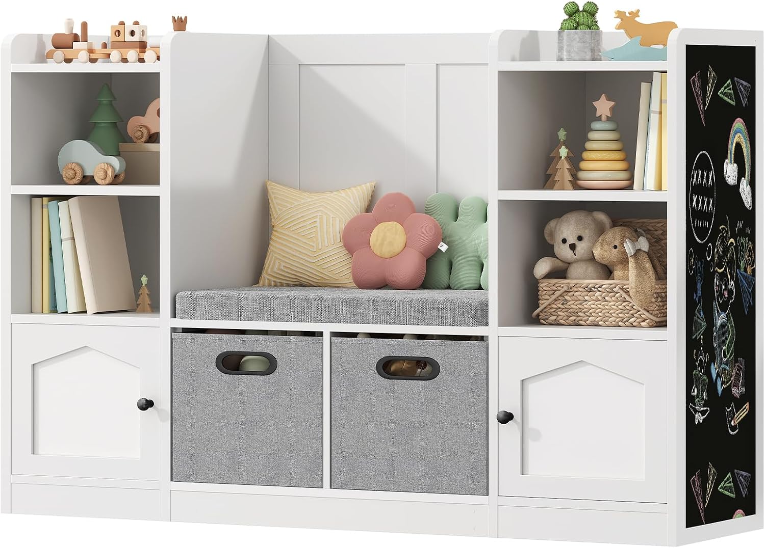 Toy Organizer and Storage, Kids Bookshelf with Seat Cushion and Chalkboard, 2 Movable Drawers, Toy Storage Box with Stuffed Animal Storage Cabinet for Kids Room, Playroom, White and Black