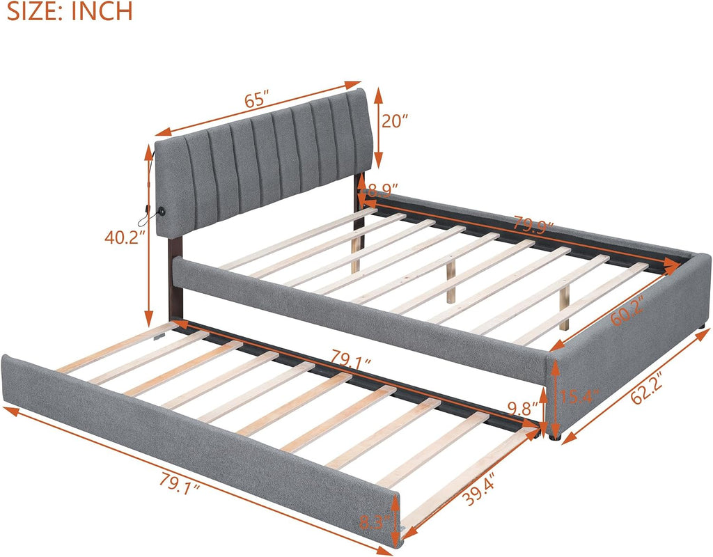 Teddy Fleece Queen Size Upholstered Platform Bed Frame for Boys Girls Kids Adults Toddler with Trundle, Gray