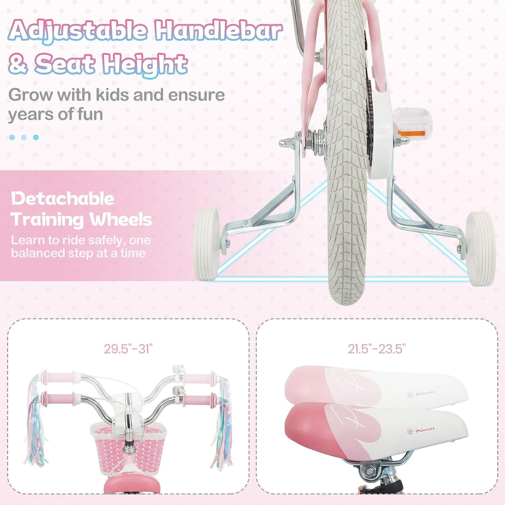 HONEY JOY Kids Bike, 12 14 16 18 Inch Girls Bike w/Training Wheels, Streamers, Basket, Handbrake & Coaster Brake, Fully Enclosed Chain, Mermaid Princess Children Bike for 3-8 Years Old
