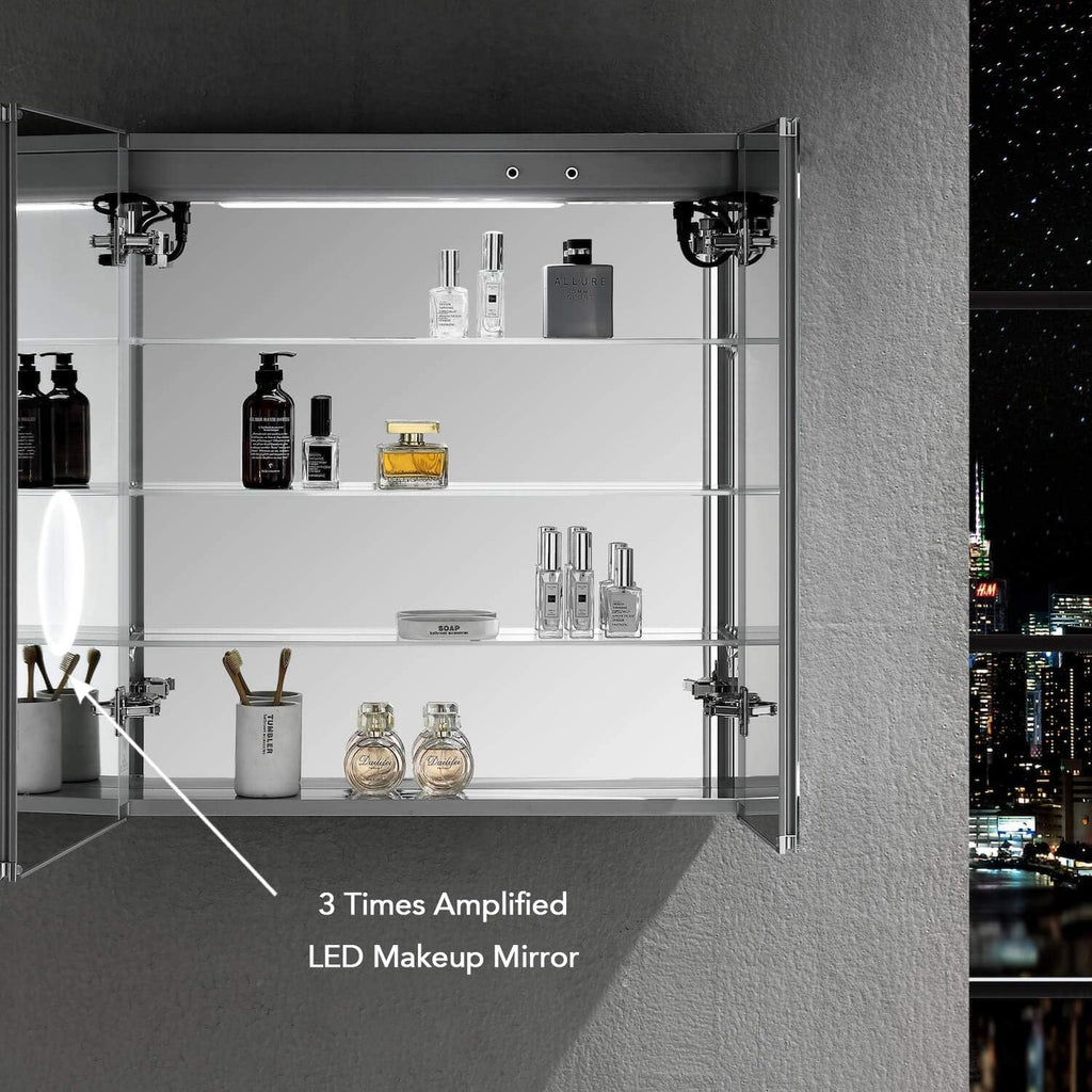 BLOSSOM Recessed or Surface LED Mirror Medicine Cabinet with Lights, LED Medicine Cabinet w/Defogger, Dimmer, 3X Makeup Mirror, Outlets & USB (30x32/Zoom Mirror)