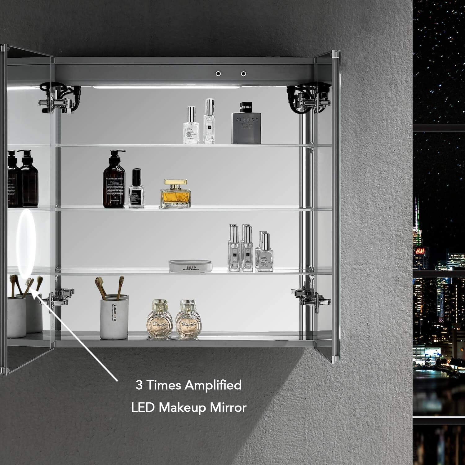 BLOSSOM Recessed or Surface LED Mirror Medicine Cabinet with Lights, LED Medicine Cabinet w/Defogger, Dimmer, 3X Makeup Mirror, Outlets & USB (30x32/Zoom Mirror)