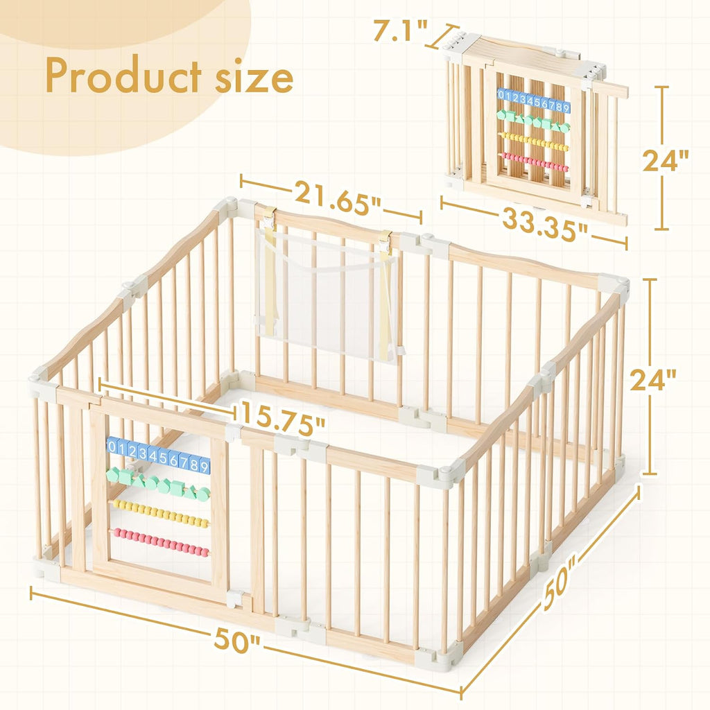 Wooden Baby Playpen 50 × 50 Inches, Foldable Playpen Fence with Cute Digital Blocks & Storage Bag, Wooden Baby Gate, Multi-Shape Play Yard for Babies and Toddlers Indoor Outdoor
