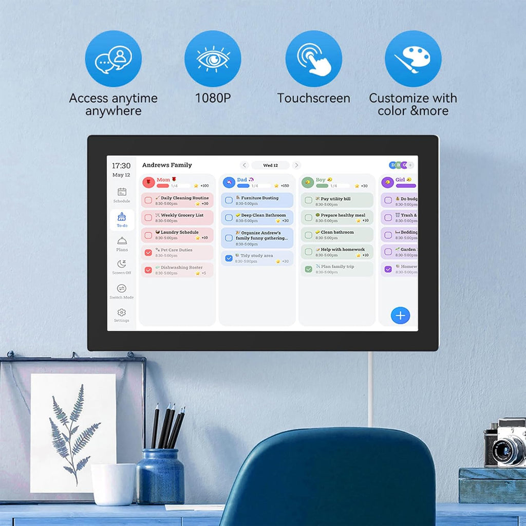 Fockety 15.6 inch Digital Calendar & Chore Chart, 1080P Full HD Touchscreen Interactive Display, Wall & Desk Mount Electronic Calendar, Smart Family Planner for Family Schedules (US Plug)
