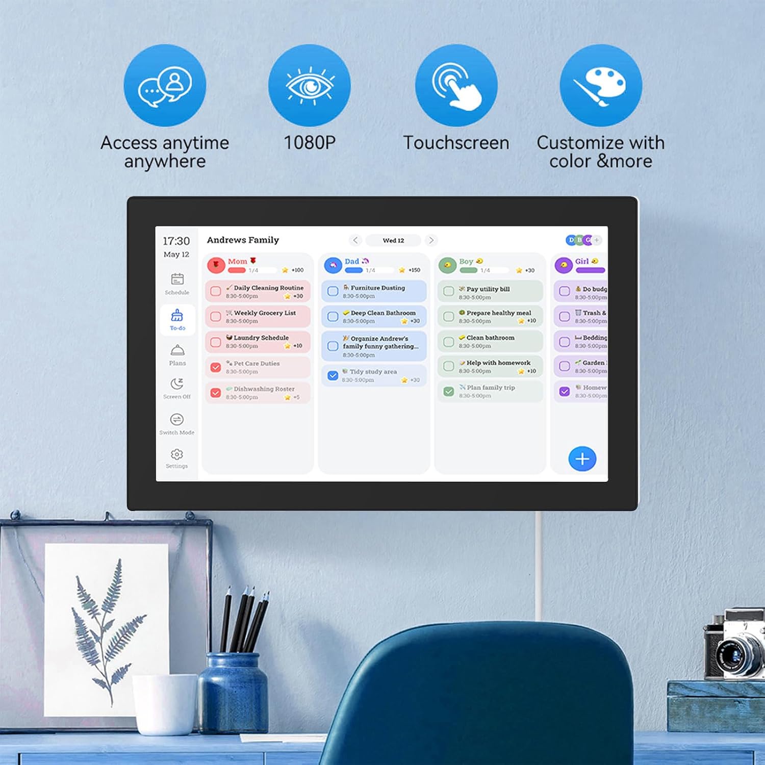 VBESTLIFE Smart Digital Calendar, 15.6 Inch Full HD Touch Screen Family Planner with Interactive Chore Chart & WiFi Sync, for Seamless Scheduling (Black)
