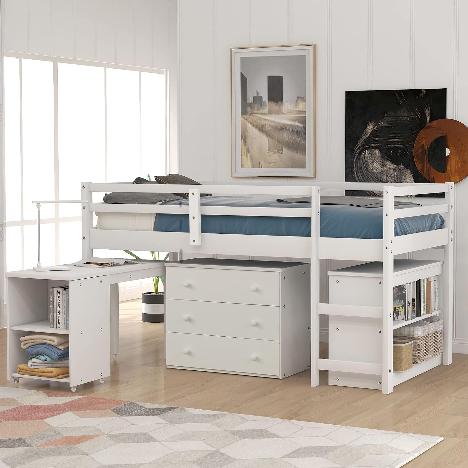 JIVOIT Twin Size Low Loft Bed with Rolling Portable Desk, Wooden Loft Bed with Cabinet/Bookshelf/Drawers/Open Shelves for Kids Teens Adults, No Box Spring Required (White-Twin-Rolling Portable Desk)