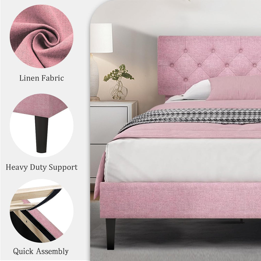 HOMBCK King Size Bed Frame, Linen Fabric Upholstered Bed Frame King Size with Headboard, Wood Slats Support, Button Tufted Design, No Box Spring Needed, Pink