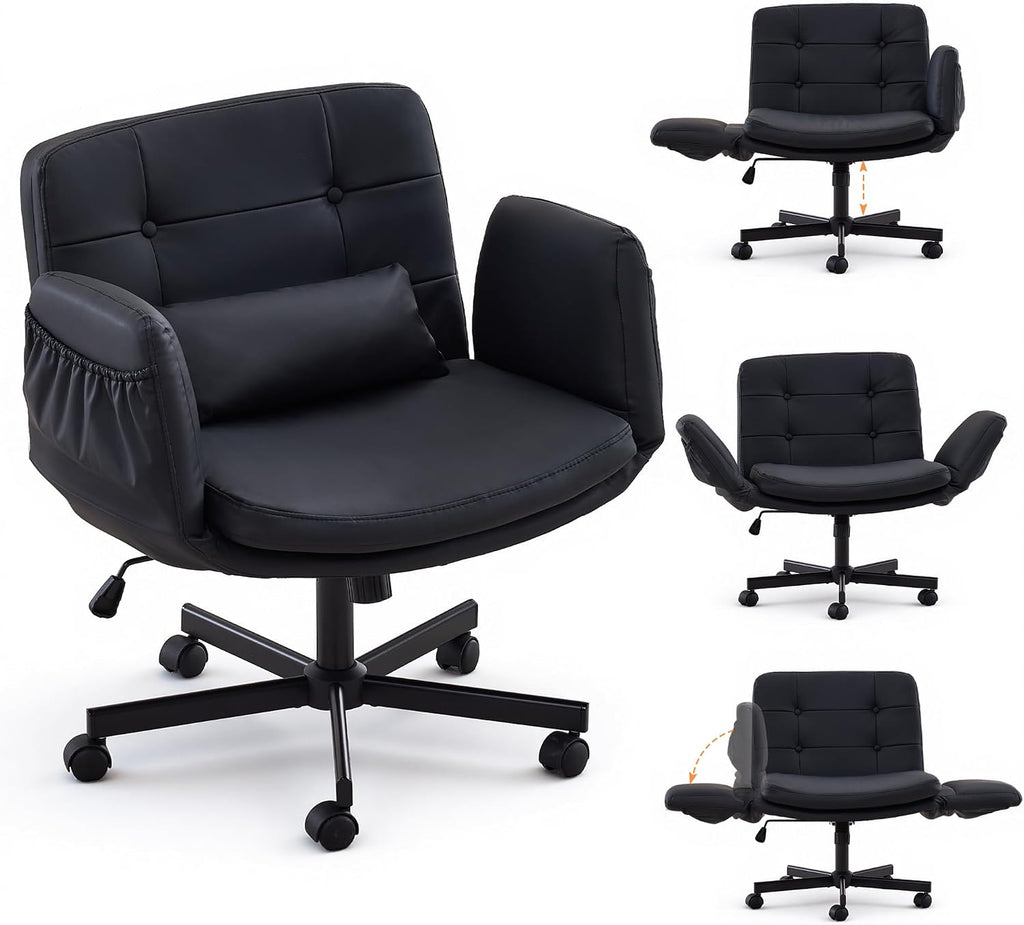 Criss Cross Chair with Wheels & Outward-Folding Armrests, Faux Leather Cross Legged Office Chair with Storage Pockets, Comfortable Adjustable Swivel Vanity Chair for Home, Living Room, Bedroom (Black)