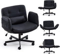 Criss Cross Chair with Wheels & Outward-Folding Armrests, Faux Leather Cross Legged Office Chair with Storage Pockets, Comfortable Adjustable Swivel Vanity Chair for Home, Living Room, Bedroom (Black)