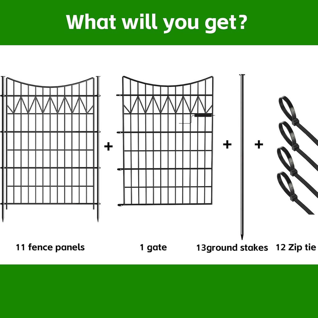 12 Panels No Dig Fence with gate, 40in(H)×27ft(L) Tall Garden Fence Animal Barrier | Rustproof Metal Decorative Fence Outdoor | Heavy Duty Reusable Defense Fence Panels for Yard, Patio, Black