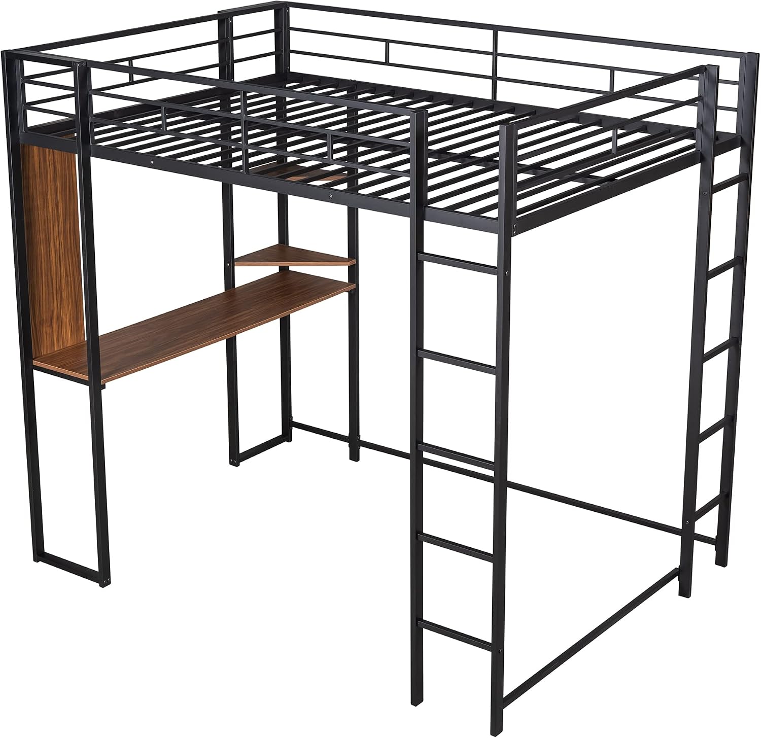 Full Size Loft Bed with 2 Shelves and Desk, Metal Structure Bed Frame with Build-in Ladders and Safety Guardrail for Dorm, Bedroom, Guest Room, No Box Spring Needed (Black-02, Full)