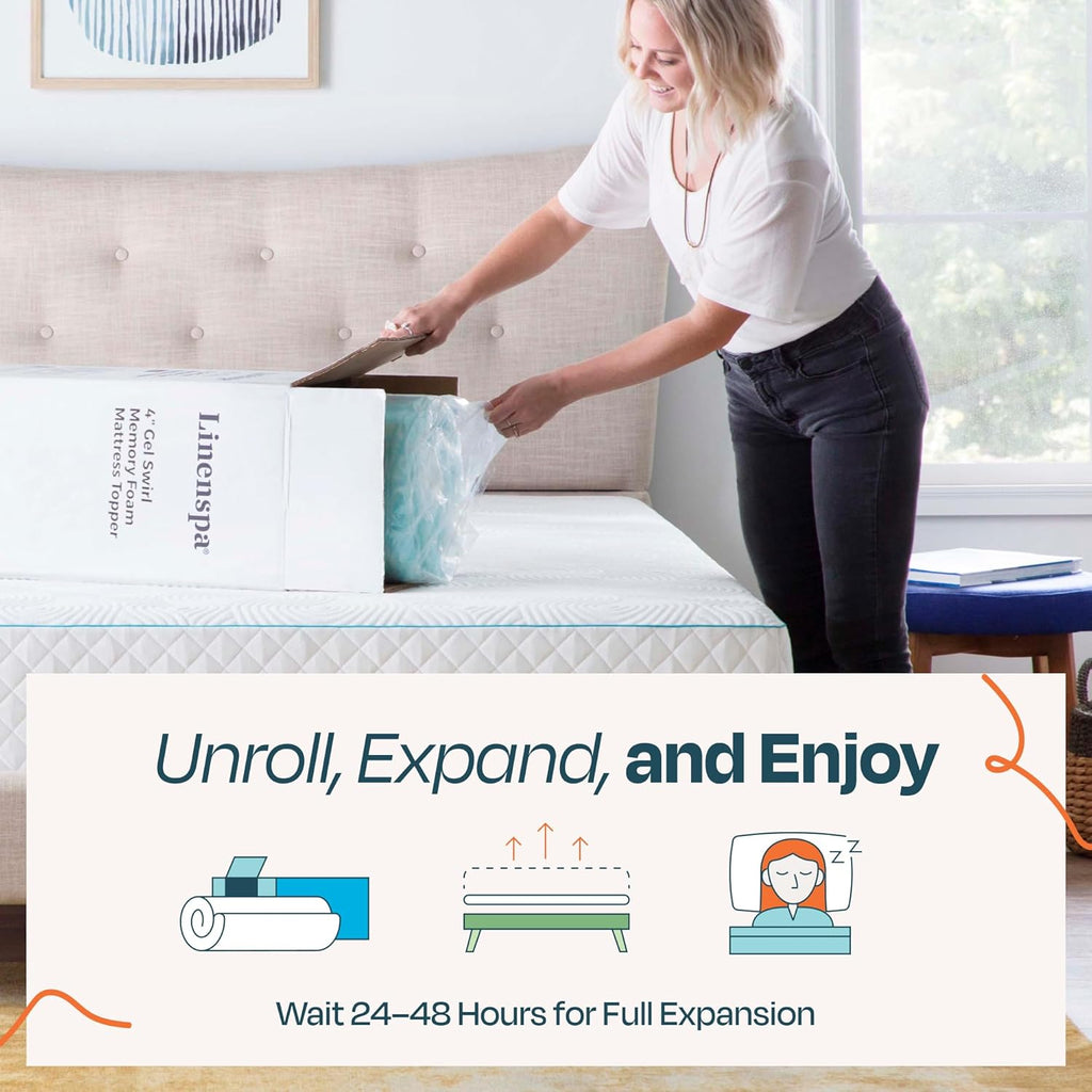 Linenspa 4 Inch Swirl Gel Memory Foam Mattress Topper, Full Size – Cooling Gel Infused, Ventilation Holes – Pressure Relieving Bed Topper – CertiPUR Certified