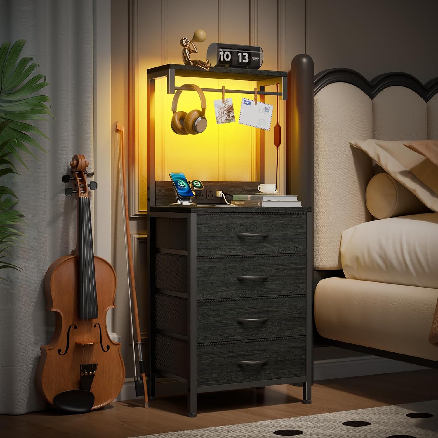 Furnulem Night Stand Set 2, Tall Nightstand with Charging Station and LED Lights, Bedside Tables with 4 Fabric Drawers and Storage Shelves, Black Nightstand Set of 2 for Bedroom (Black Oak)
