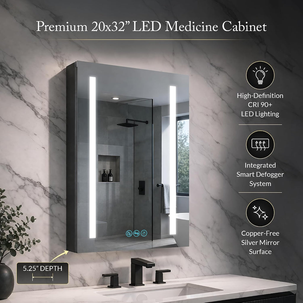 Blossom LED Medicine Cabinet Mirror for Bathroom, 20x32 Inch - Lighted Medicine Cabinet with Mirror - Recessed or Surface Makeup Mirror, Anti-Fog, Adjustable Brightness - P1(M)-20-Left Hinge