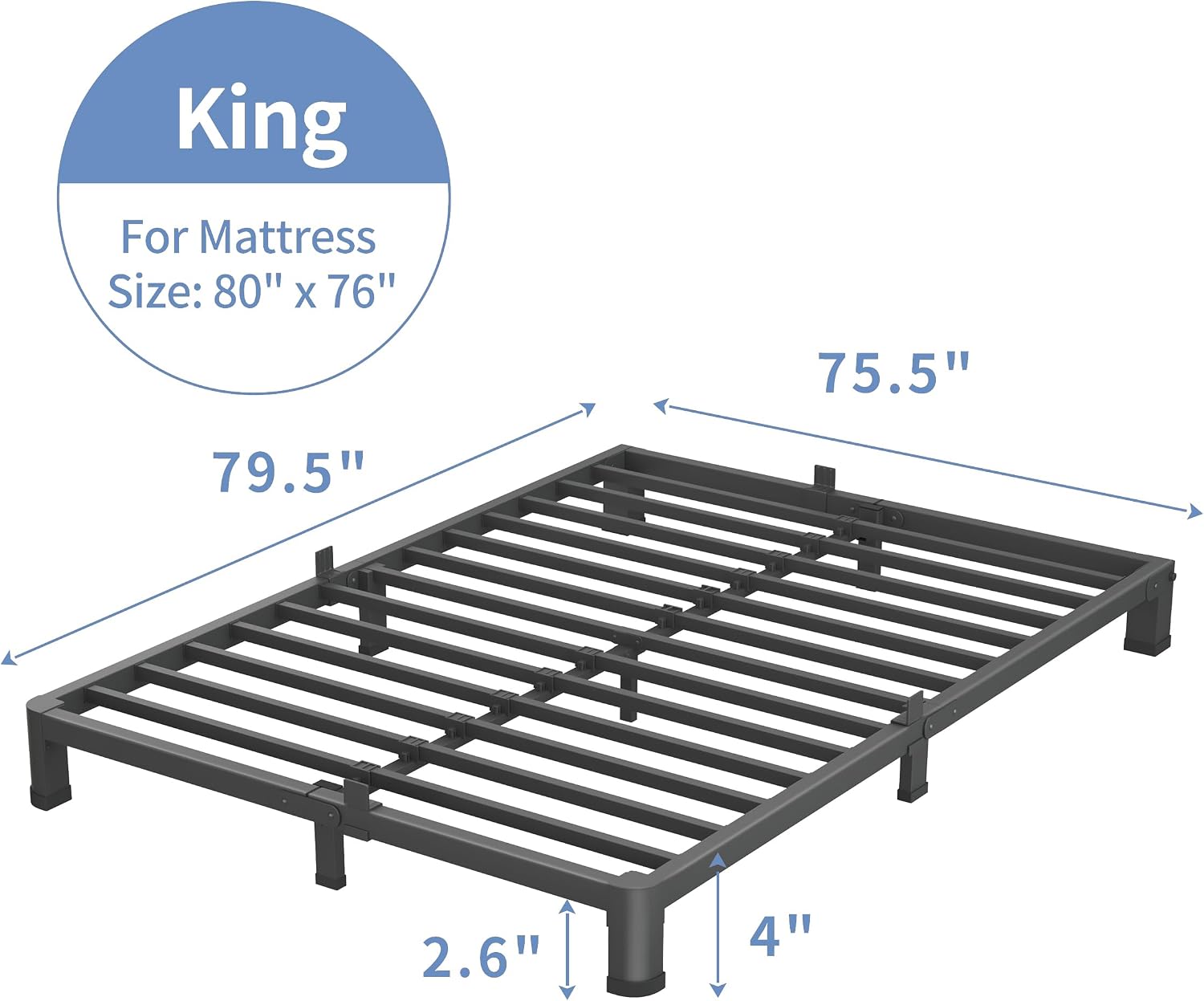 VIPSHOW 4 Inch King Size Bed Frame, 3500Lbs Heavy Duty Metal Platform with Round Corner Legs Mattress Slide Stopper, Steel Slat Support No Box Spring Needed, Noise Free, Non-Slip, Easy Assembly