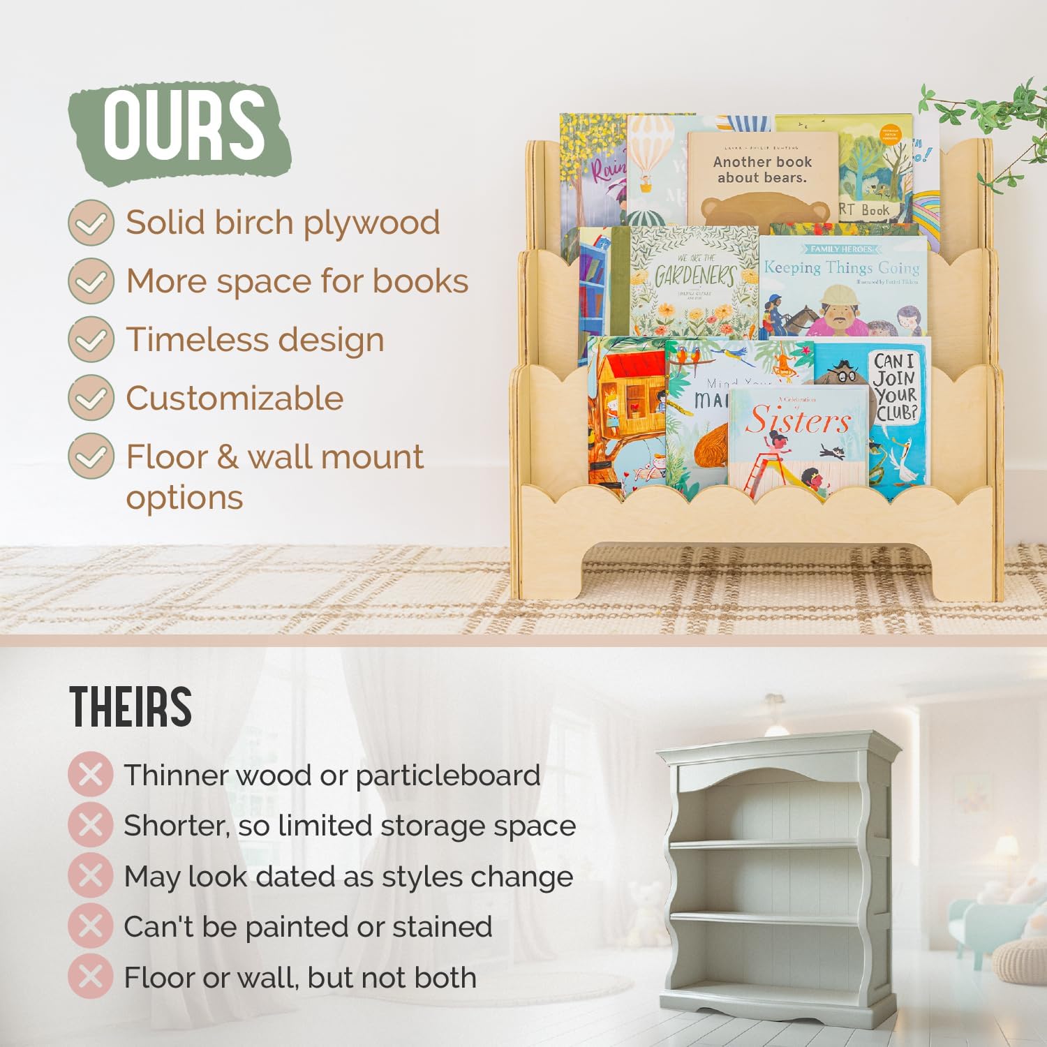 Wooden Kids Bookshelf w/Scalloped Edges- Made in USA- Perfect Height 3-Tier Montessori Shelf- Durable Childrens Bookcase for Kids Room or Playroom- Baby Book Shelf Nursery