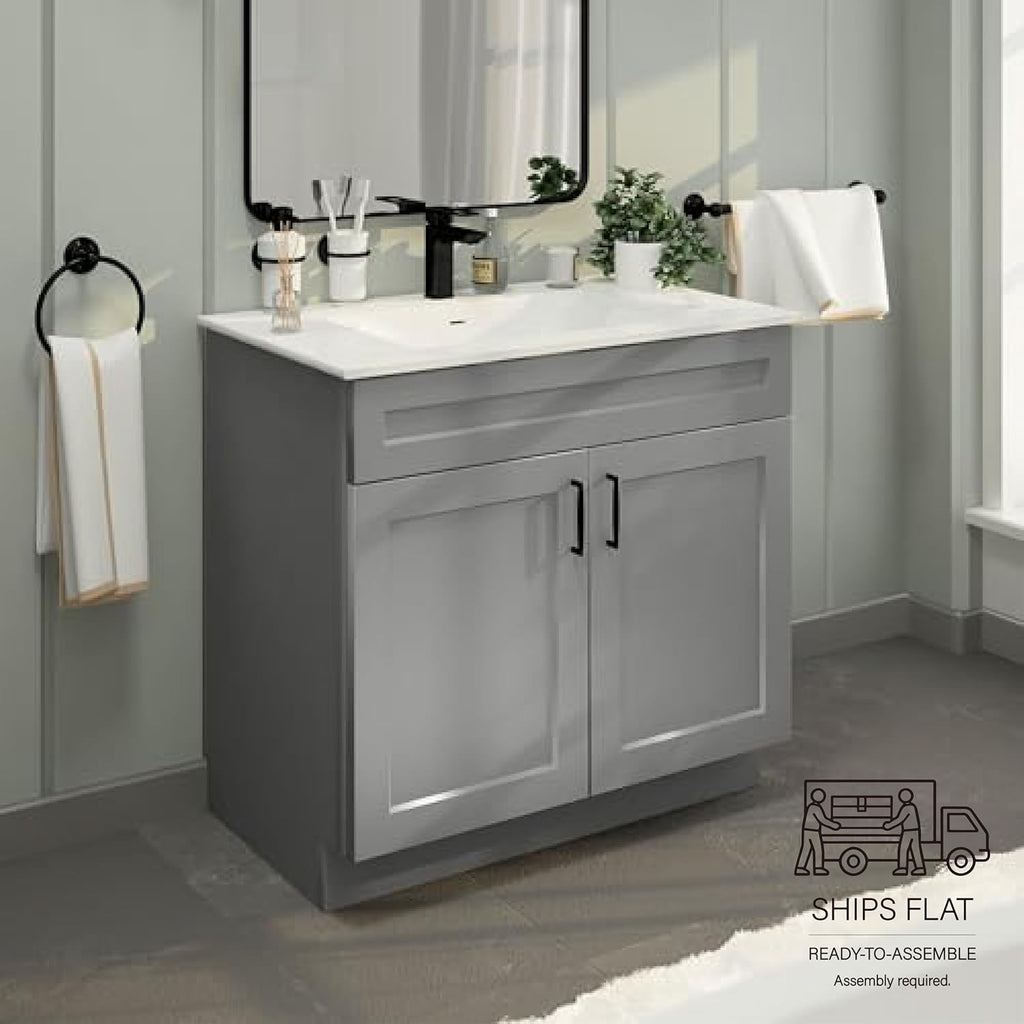 36' Light Grey Shaker Bathroom Vanity Base – Ready-to-Assemble Sink Cabinet, Freestanding Bathroom Vanity Base Only, No Top or Sink