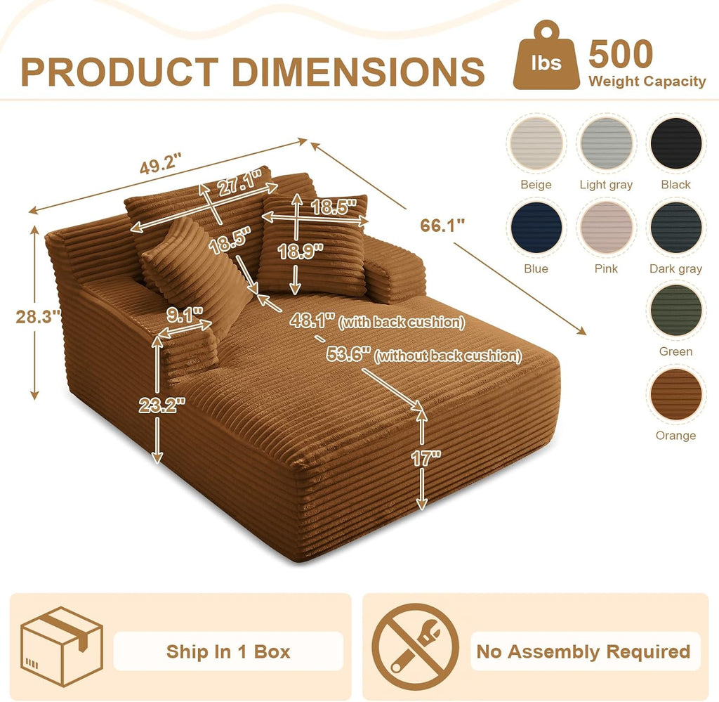 Oversized Chaise Lounge Chair Indoor, 66' Cloud Boneless Sleeper Couch Corduroy Upholstered Sofa Bed Deep Seat Comfy Reading Chair with 3 Pillows for Living Room Bedroom, Orange