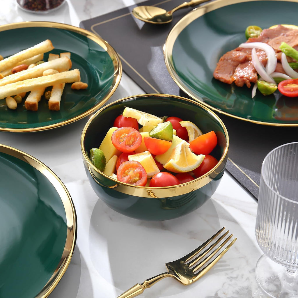 Modern 16 Piece Porcelain Green and Gold Dinnerware Set, Stoneware Dinnerware Sets for 4, Plates and Bowls Sets, Dish Set with Gold Trim,Dishes
