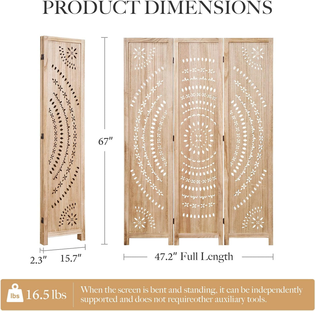 66.9Inch Folding Room Divider, 3 Panels Wood Carved Privacy Screens, Free Assembled Freestanding Partition for Home Office Restaurant Bedroom (Natural)