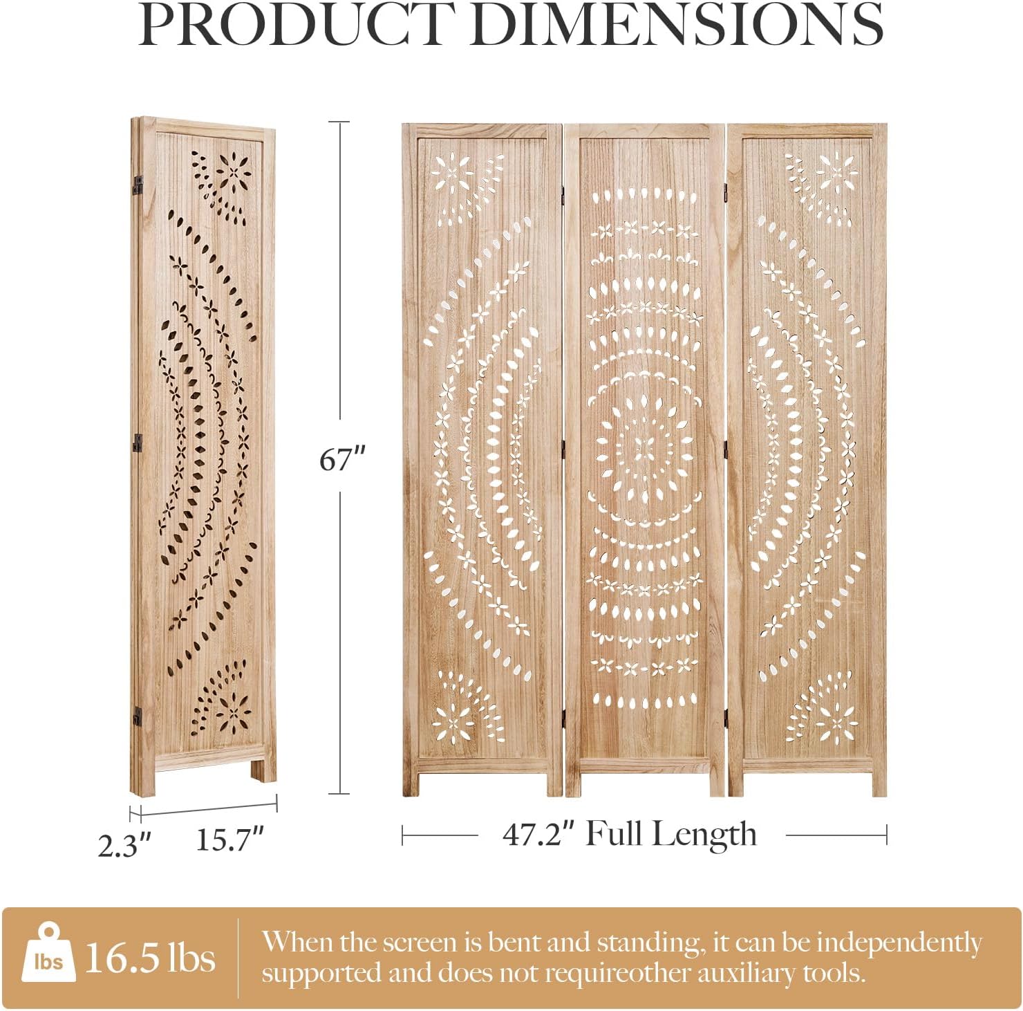 66.9Inch Folding Room Divider, 3 Panels Wood Carved Privacy Screens, Free Assembled Freestanding Partition for Home Office Restaurant Bedroom (Natural)