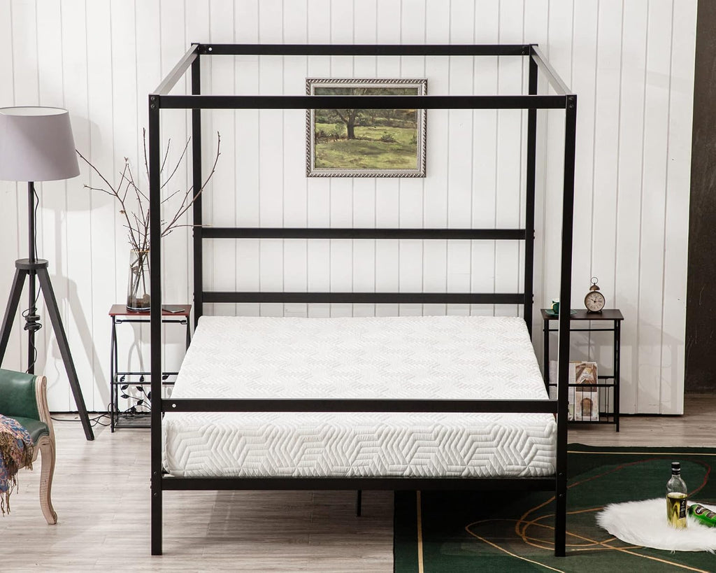 Bonnlo Black Canopy Bed Frame Full with Headboard, 10 Inch Metal Platform Bed Full with 4 Posters, No Box Spring Needed