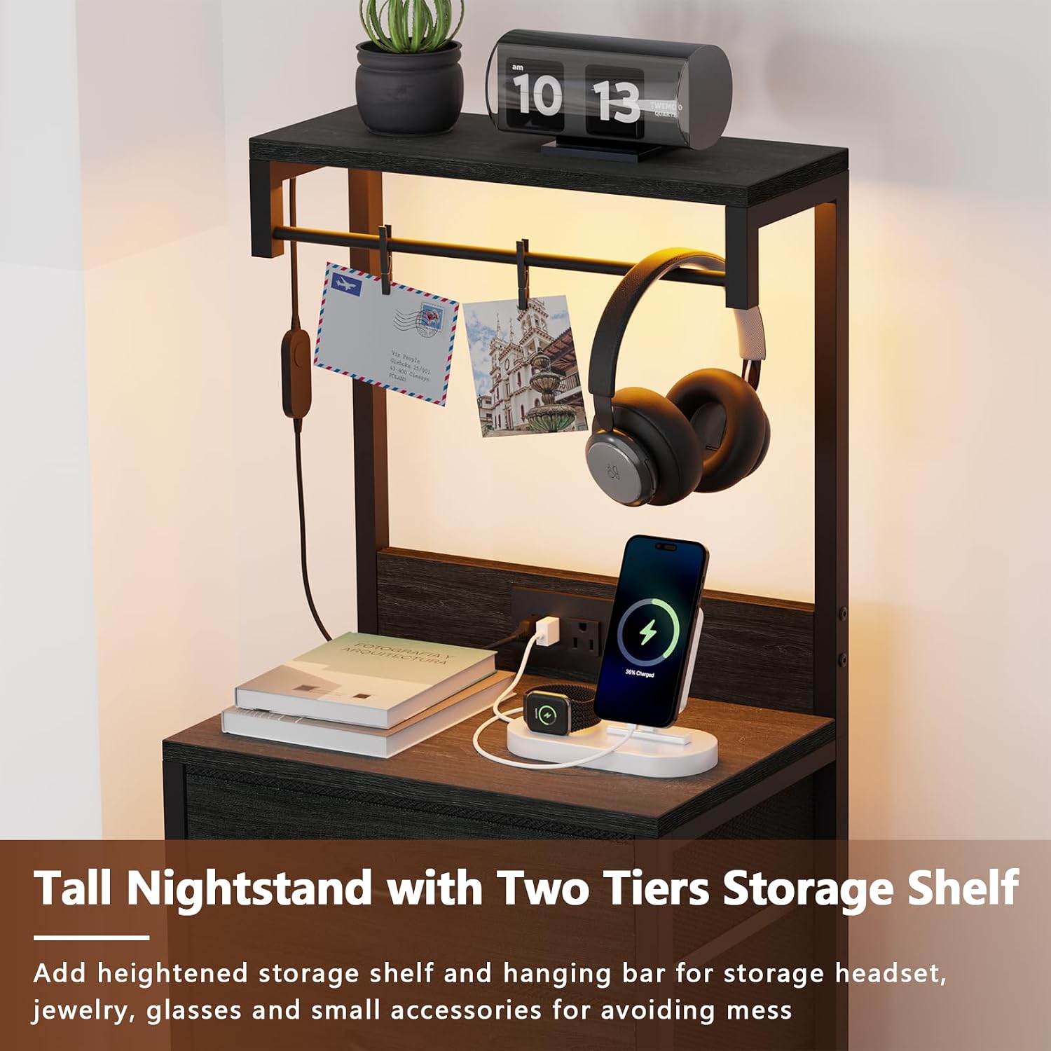 Furnulem Night Stand Set 2, Tall Nightstand with Charging Station and LED Lights, Bedside Tables with 4 Fabric Drawers and Storage Shelves, Black Nightstand Set of 2 for Bedroom (Black Oak)