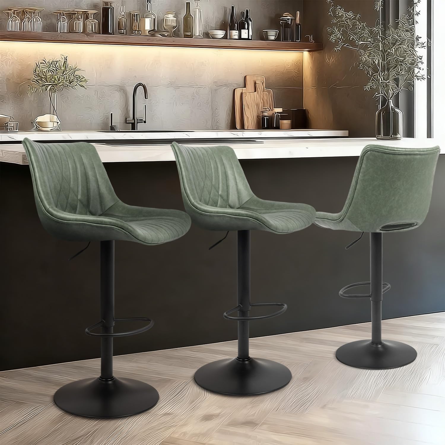 Swivel Bar Stools Set of 4, Height Adjustable Counter Height Bar Stools with Open Back and Footrest, Premium Faux PU Leather, Modern Upholstered Bar Chairs for Kitchen Island/Bar/Counter, Green