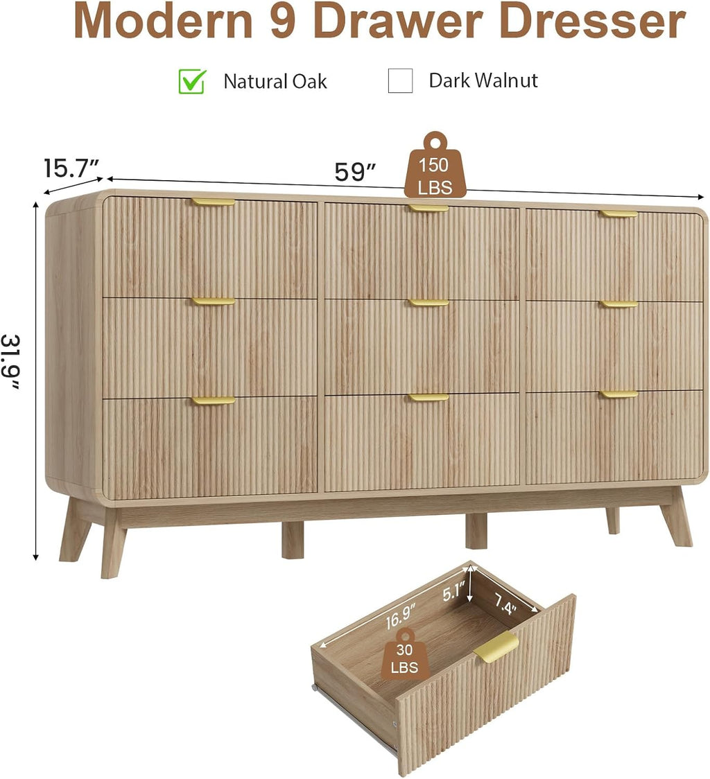 QUW Fluted 59.1' Wide Modern Dresser for Bedroom with 9 Drawers, Tall Chest of Drawers with Metal Handle, Wooden Dresser TV Stand, Hallway, Living Room, Natural Oak