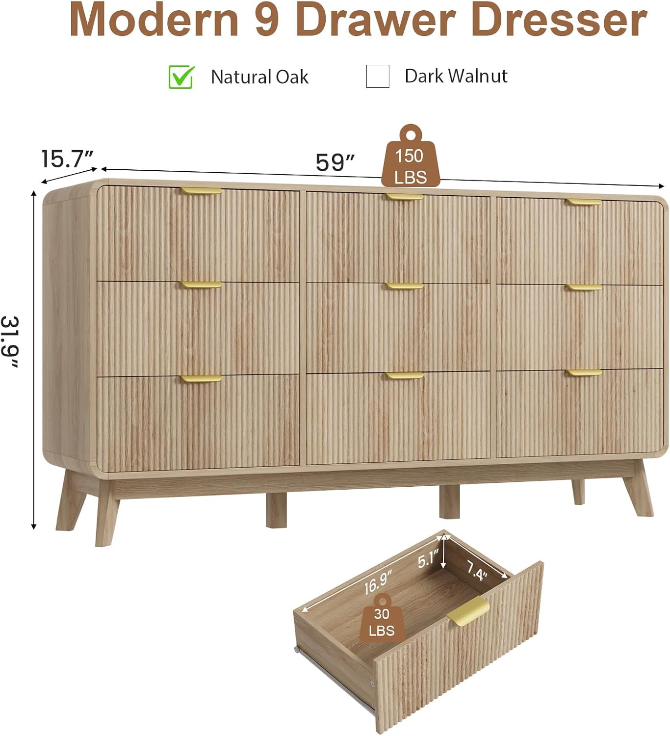 QUW Fluted 59.1' Wide Modern Dresser for Bedroom with 9 Drawers, Tall Chest of Drawers with Metal Handle, Wooden Dresser TV Stand, Hallway, Living Room, Natural Oak