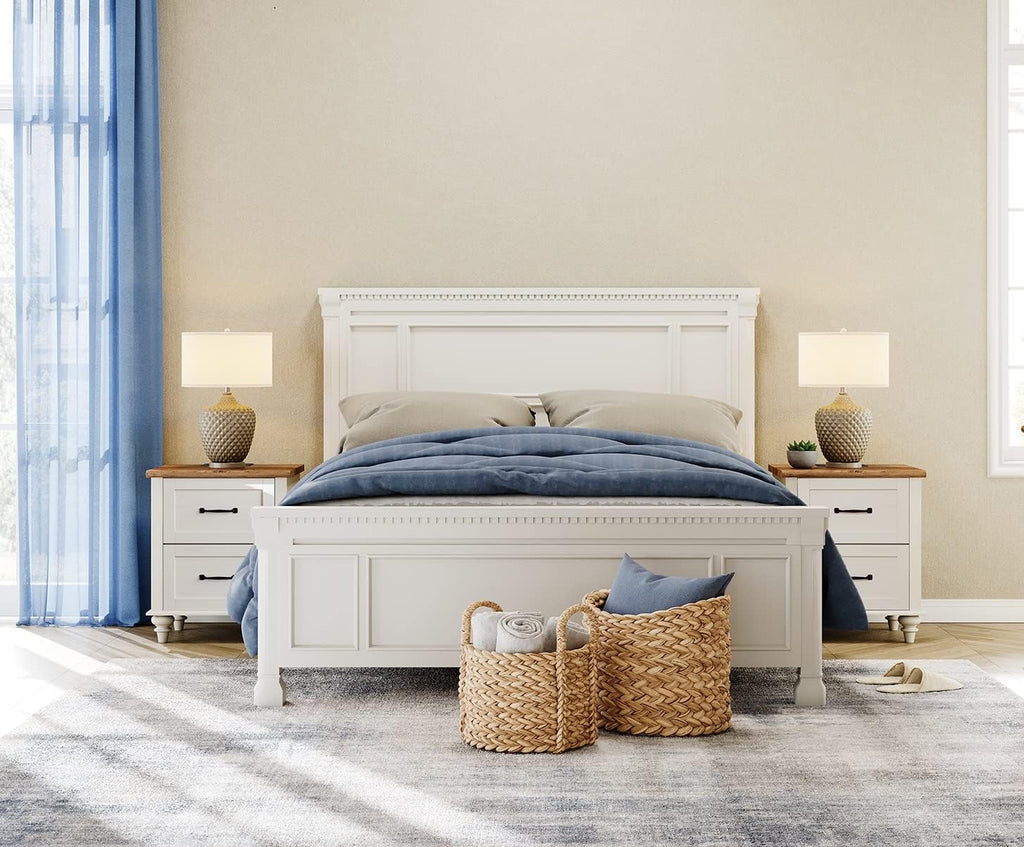 WAMPAT Set of 2 Night Stands with 2 Drawers, Mid-Century Modern Nightstands with Charging Station, Off White Bedside Table Light Wood End Tables for Bedroom