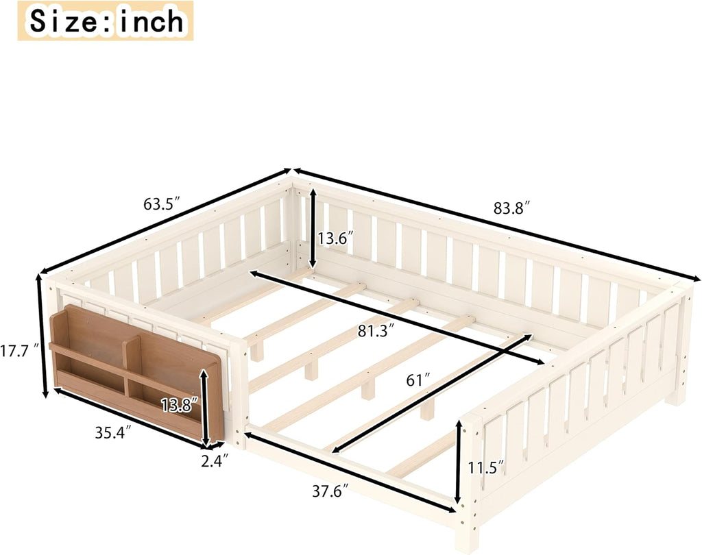 Bellemave Beige Light Natural Montessori Floor Bed with Fence and Slats, Queen Size Montessori Floor Bed with Bookcase and High Rails, Easy Assemble Bed Frame for Girls, Boys, Queen