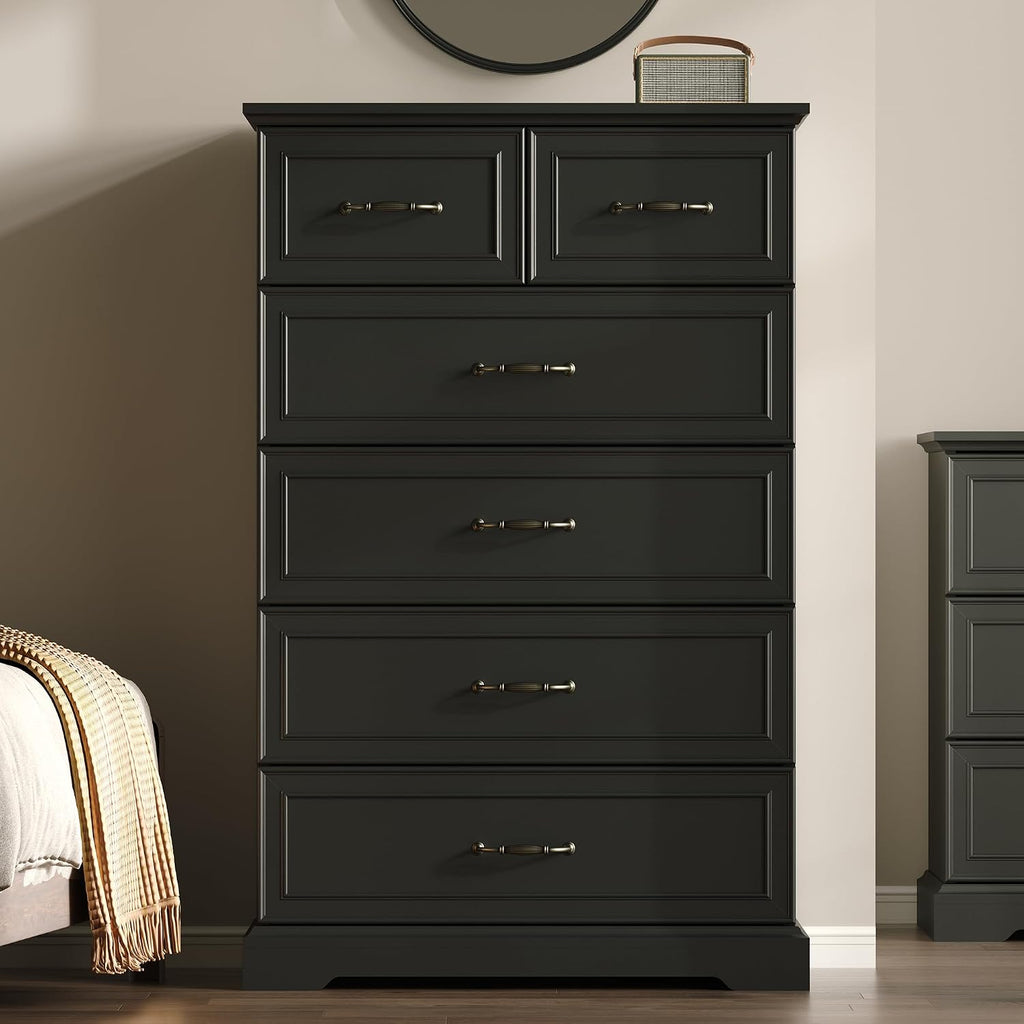 Farmhouse 6 Drawers Dresser for Bedroom, 49' Tall Modern Chest of Drawers with Deep Drawers & Bar Handles, Rustic Wood Dresser TV Stand, Wooden Closet Storage Organizer for Living Room, Hallway, Black