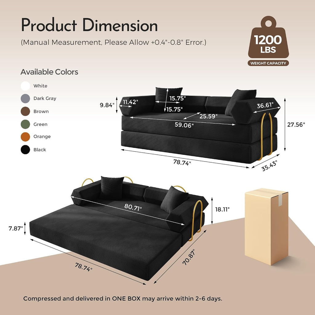 79'' Convertible Sofa Bed, 5-in-1 Folding Sleeper Couch with Pull Out Bed, Corduroy Modular Floor Sofa, No Assembly Space Saving Guest Bed for Living Room Apartment Bedroom (Black)