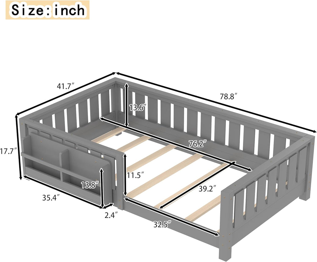 Bellemave Gray Montessori Floor Bed with Fence and Slats, Twin Size Montessori Floor Bed with Bookcase and High Rails, Easy Assemble Bed Frame for Girls, Boys, Twin
